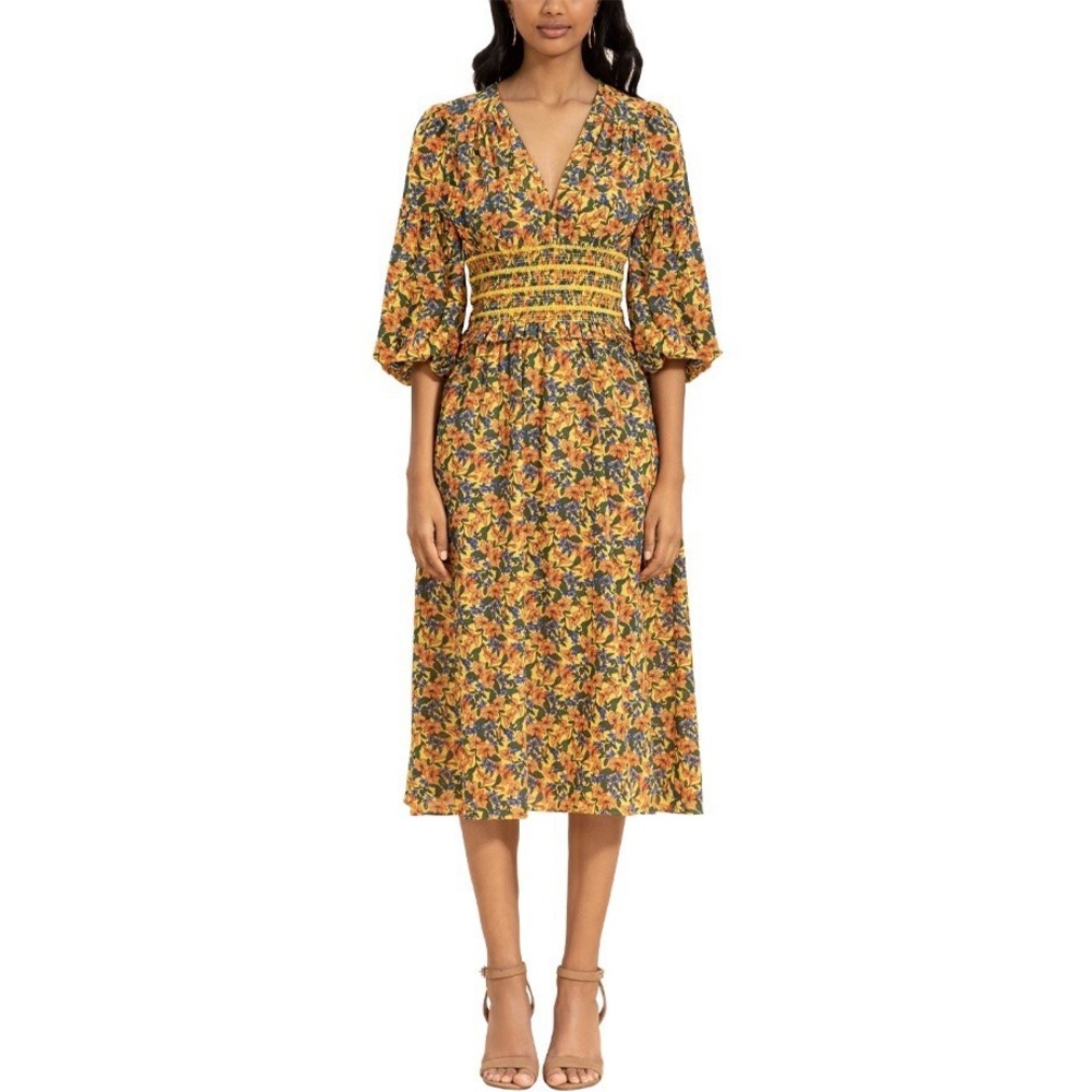 Shoshanna Ari Yellow Floral Midi Dress Ballon Sleeve Cottagecore Peasant Sz 6